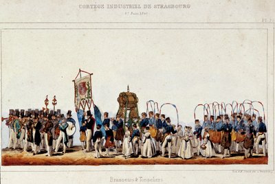 1840年6月25日、ストラスブールで行われた産業行列の際の醸造家と調理師の踊り。シモンのリトグラフ 作： French School