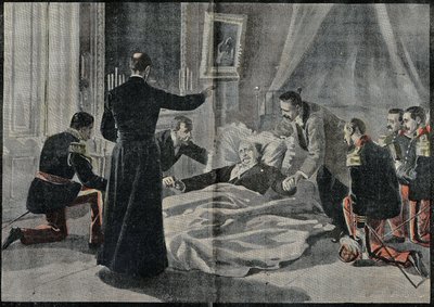 フランス大統領フェリックス・フォール(1841-1899)の死、アベ・ルノーは彼に赦免を与えた。1899年2月26日付「ル・ペレラン」誌に掲載されたエングレーヴィング。 作： French School