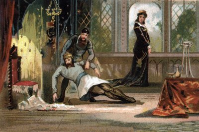 ルイ5世の死は、986年から987年までフランスの王であったフェイナン（967-987年頃）による。絵によると、妻のアデライド・ダンジューに毒殺されたという。1890年頃のクロモリトグラフ。 作： French School