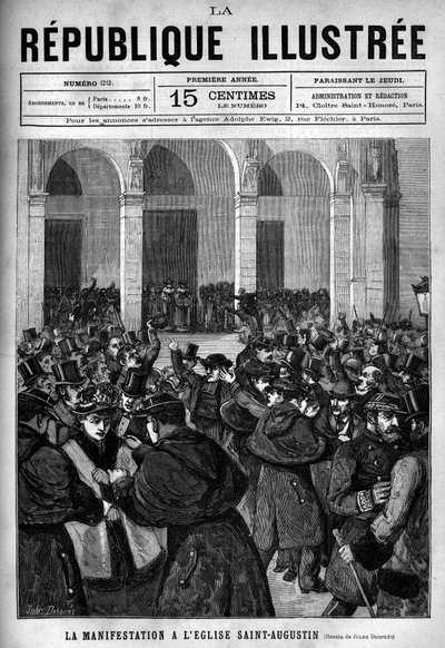 パリの聖オーガスティン教会でのデモ：1880年3月にジュール・フェリーが下した、無許可の宗教集会を教える権利を奪う判決に敵対するデモ隊とパリの警察との間で激しい攻防戦が繰り広げられた。 作： French School