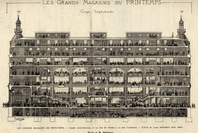 1889年のプランタンのデパート、縦断面、Rue du HavreからRue Caumartinまで、Berteaultの図面、Bianchettiコレクション。 作： French School