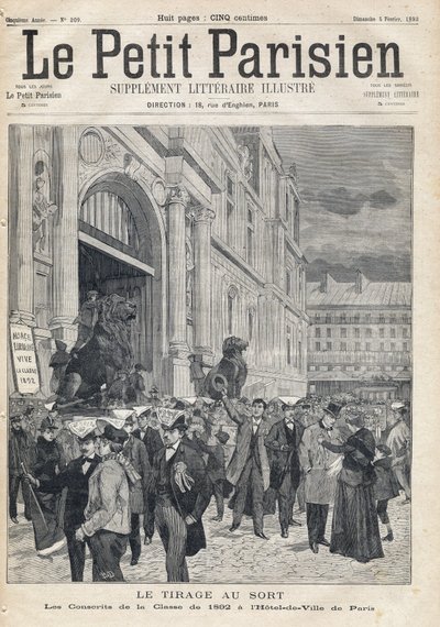 引き分け：パリ市庁舎での1892年組の徴兵。1893年5月2日付の新聞「Le petit Parisien」の1枚（エングレービング 作： French School