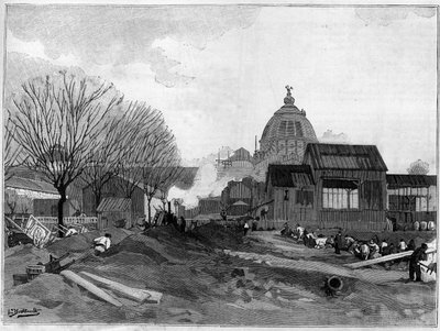 1889年の万国博覧会のためにパリで行われた記念碑的な噴水の設置のための土建現場。 作： French School