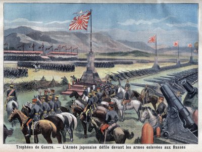日露戦争終結、ロシアの武器奪取の前に座る日本の戦勝軍、「Le Petit Parisien」にて、1906年6月24日(刻印) 作： French School