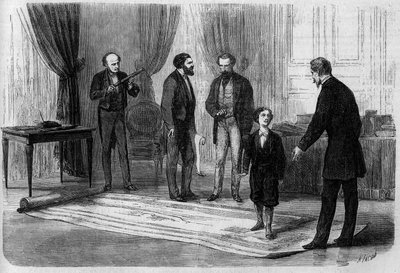 技術者ブーテは、皇帝ナポレオン3世（1808-1873）に、その息子である皇太子（1856-1879）の立会いのもと、フランスとイギリスを結ぶ鉄道橋の計画を提出した。 作： French School