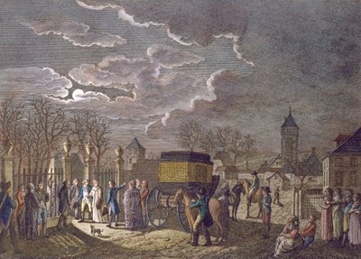 1795年12月26日、オーストリア人によって捕らえられた6人のフランス人囚人とのバーゼルでのマダムロワイヤルの交換 作： French School