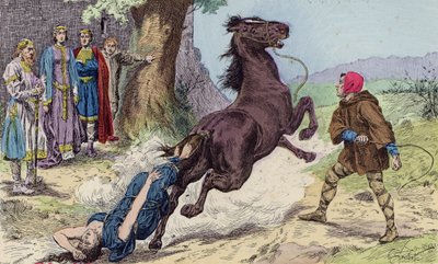 クロタル2世によるオーストラシアのブリュンヒルダの処刑（カラーリトグラフ）613年 作： French School