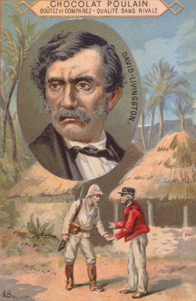 1871年10月27日に宇治寺で探検家のデビッドリビングストン（1813-73）とスタンリー（1840-1904）との出会い、プーランチョコレートを宣伝するトレードカード 作： French School