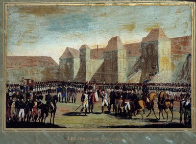 ナポレオン・ボナパルト（1769-1821）の別れは、1814年4月20日、フォンテーヌブローのシュヴァル・ブランの中庭で、皇室の衛兵を従えて行われた。匿名の絵画。1814年 エクス島、ナポレオン博物館 作： French School