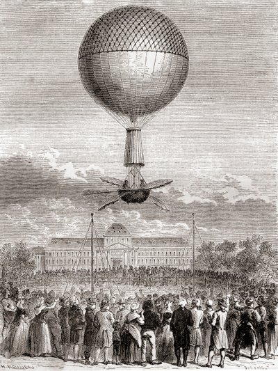 1784年3月2日、ジャン＝ピエール・フランソワ・ブランシャールが、フランス・パリのシャン・ド・マルスから打ち上げた水素ガス気球で、初めて気球飛行に成功した様子を、1870年頃に出版された『Les Merveilles de la Science』からご紹介します（エングレービング）。 作： French School