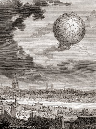 1783年11月21日、ジャン・フランソワ・ピラトル・ド・ロジエとアーランド侯爵がモンゴルフィエ気球で行った初の無重力飛行（1870年頃に出版された『Les Merveilles de la Science』より）（彫刻 作： French School