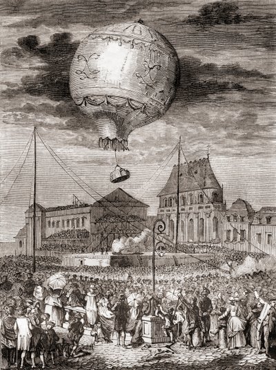1783年9月19日、モンゴルフィエ兄弟がフランスのヴェルサイユで、フランス国王ルイ16世と王妃マリー・アントワネットの前で行ったエアロスタット・レヴェイヨンの飛行（1870年頃出版の『科学の傑作』より）。 作： French School