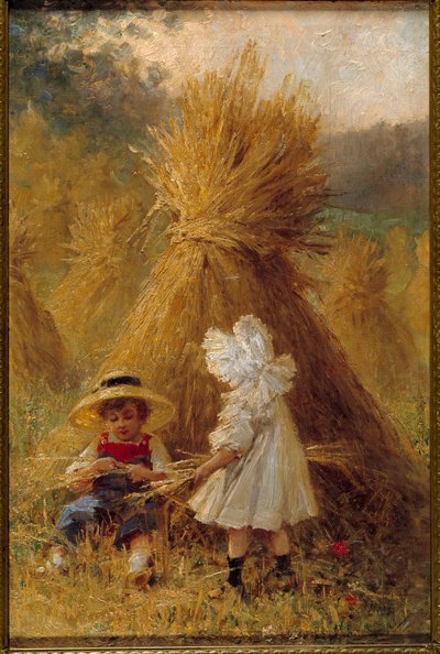 干し草の山 畑にいる二人の子供。19世紀のフランス派の絵画。個人蔵 作： French School