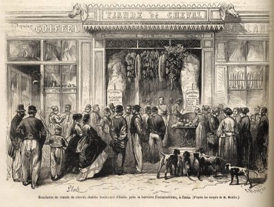1866年に開店したフォンテーヌブロー（パリ）の馬肉店 - butcherie chevaline - Boucherie Meat de Cheval Boulevard Italie pres de la barriere de Fontainebleau 1866）1866年の「Le monde illustrious」に掲載されたエングレーヴィング。 作： French School