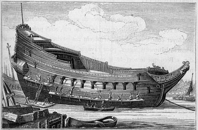 17世紀の大型船の船体。 「LaMarineet les Colonies：commerce」の彫刻 作： French School