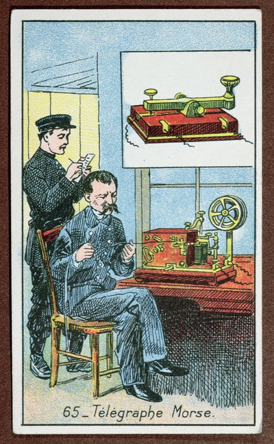モールス符号付き電信の発明、素晴らしい発明を描いた一連のカードの65番、c.1910 作： French School