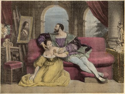 フランス王フランソワ1世(1494-1547)と美しい鉄細工。Laughs Et Galanterie "に掲載されている1838年のダヴェリアのリトグラフ。ジョン・グラン＝カルテットの指揮による週刊ガランテイメージズコレクション。1903-1904. 作： French School