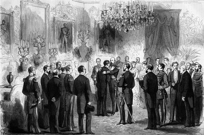 スウェーデン国王オスカル2世（1829-1907）は、探検家ニルス・アドルフ・エリック（エリック）・ノルデンスキョルド（ノルデンスキョルド）男爵（1832-1901）とパランダー中尉をストックホルムの王宮に迎えた。1878年、ノルデンスキオルドは、大西洋から太平洋に渡り 作： French School