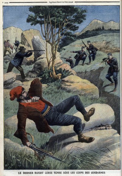 最後のコルシカ島の盗賊がジャンダルムの手にかかる。1909年12月5日の "Le Petit Journal "に掲載されていた。 作： French School