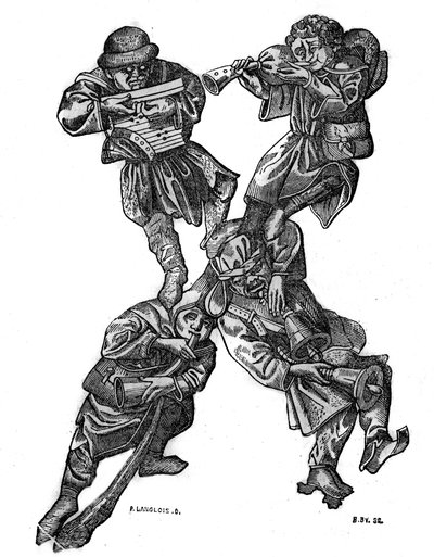 1466年に作られた、4つの音楽文字で構成されたグロテスクなアルファベットのXの文字。1836年「絵のある店」にて 作： French School