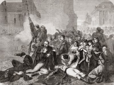 1861年4月8日、ワルシャワのキャッスルスクエアでのロシアの歩兵と騎兵による民間人の虐殺、「L "UniversIllustré」、1866年 作： French School