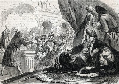"1826年、スルタン・マフムード2世によるジャニサリー軍の虐殺、コンスタンティノープル"(彫刻) 1864年 作： French School
