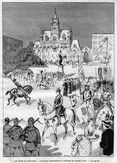 1886年のコンピエーニュの中世の祭礼：ジョアン・オブ・アルク（1412-1431）の入場を表す騎馬隊。"Le Monde Illustré "に掲載された版画 作： French School