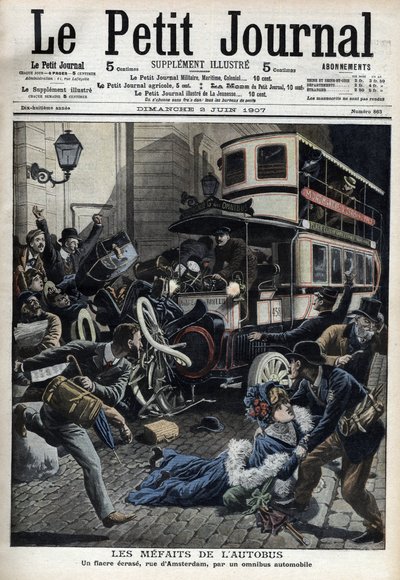 バスの誤食：アムステルダムのパリ通りでバスに押しつぶされた心臓病患者 「Le Petit journal」1907年6月号（彫刻 作： French School