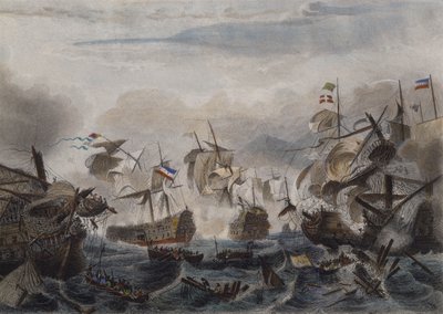 シャヴァンヌ（色のエッチング）によって刻まれた、1692年のラ・オーグ岬の海戦 作： French School