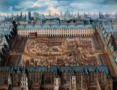 1612年4月、ルイ13世（1601年～1643年）とアンヌ・ドートリッシュの結婚式の際に王宮前広場で行われた栄光の騎士の小説または大カルーセル - 匿名の絵画。1612年 油彩、木、日0,41x0,52 m パリ、カルナヴァレ美術館 - 大カルーセル 作： French School