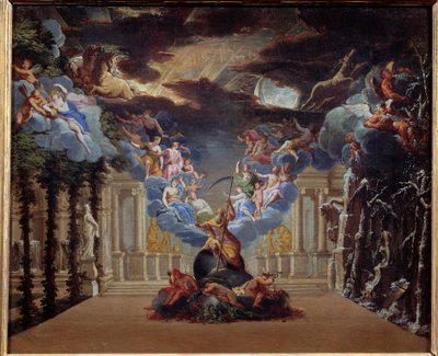 1676年に制作されたジャン・バティスト・リュリ（ジョヴァンニ・バッティスタ・リュリ）（1632-1687）の「アティス」のプロローグの装飾である「時の宮殿」 マーキュリーやヘルメスなどの神話的な人物が表現されている。17世紀のフランス派の無名の絵画。パリ 作： French School