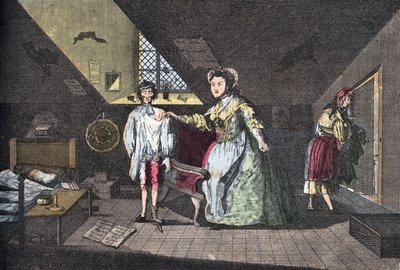 不倫に巻き込まれた敬虔な仕立て屋。Lire Et Galanterie "に掲載されている1768年のCabbageによるエングレーヴィング。ジョン・グラン＝カルテットの指導による週刊ガランテ画像集。1903-1904. 作： French School