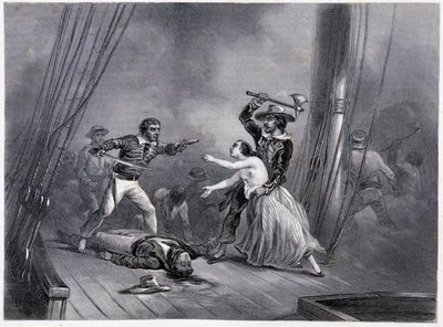 海賊モルガンが美しいスペイン人を誘拐 - E・Vペノー兄弟著『海軍通史』所収 作： French School