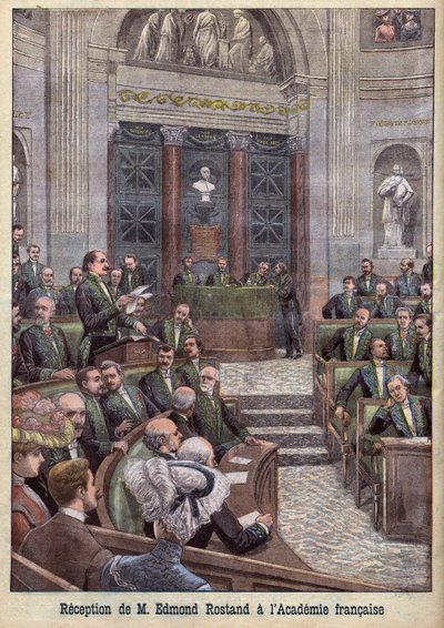 Le Petit Journal "でアカデミー・フランセーズに迎えられた詩人・劇作家のエドモン・ロスタン。 作： French School