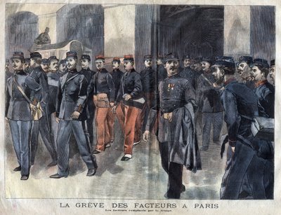 郵便配達人のストライキ：パリで手紙の配布を担当する兵士と市警の警備員。1899年、"La petite Gironde "に掲載されたエングレーヴィング 作： French School