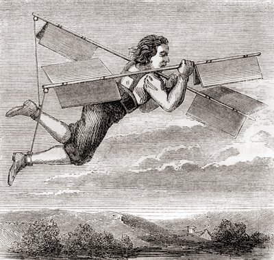 1678年、フランスの錠前師ジャコブ・ベスニエが、自分で設計した飛行装置を使い、空を飛んだとされる（1870年頃に出版された