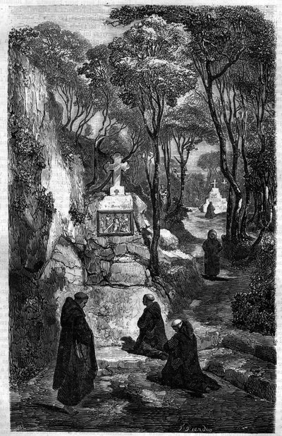祈りを捧げる聖ブノワ(Saint Benoit)の修道者たち。モーリス・ラシャトレ著「Histoire des Papes-Rois-Queen and Empereurs a travers les centuries」に掲載されている図版 作： French School