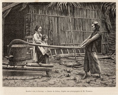 ゴコンの農民の家の前にある精米所。1872年にモリス医師が行ったコチンチンへの航海を描いたロビンの絵の後に彫られたもので、1875年にエドゥアール・シャルトンが編集した「Le tour du monde」に掲載されている。セルバ 作： French School