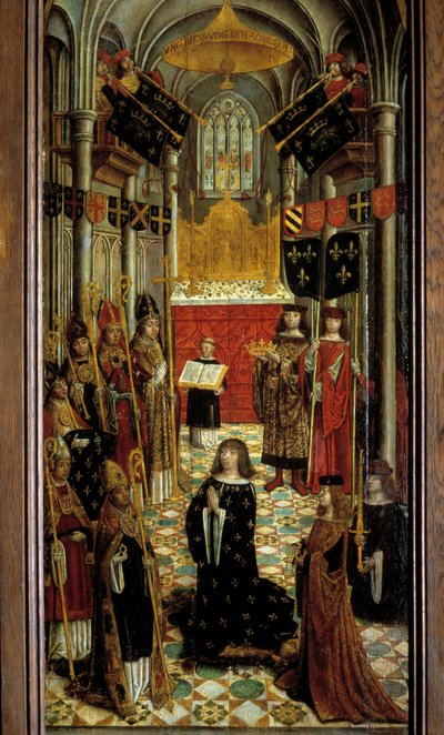 1498年5月27日にランスの大聖堂で行われたルイ12世（1462-1515）の聖体拝領 16世紀のフランス派の木版画。1501.薄暗い。1,95x0,5 m パリ、国立中世美術館、テルム・ド・クリュニー 作： French School