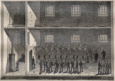 刑務所のシャワー：フォントヴロー（フォントヴロー）の打ち水による風呂 - Engraving In "La Science francaise" 作： French School