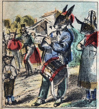病気のライオンとキツネ。ジャン・ド・ラ・フォンテーヌ（1621-95）の寓話。19世紀末のエピナル画像。 作： French School
