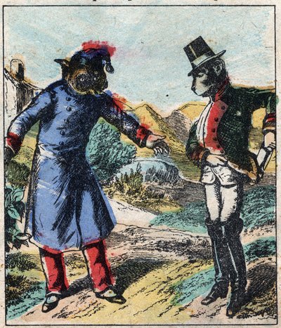 病気のライオンとキツネ。ジャン・ド・ラ・フォンテーヌ（1621-95）の寓話。19世紀末のエピナル画像。 作： French School