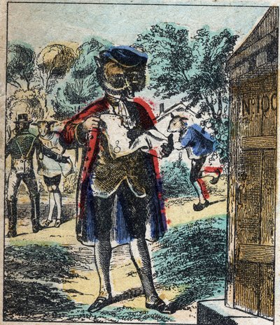 病気のライオンとキツネ。ジャン・ド・ラ・フォンテーヌ（1621-95）の寓話。19世紀末のエピナル画像。 作： French School