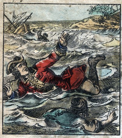 Lemuel Gulliverの沈没。ジョナサン・スウィフト(1667-1745)の『ガリバー旅行記』の挿絵。19世紀後半のエピナル画像。 作： French School
