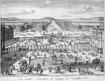 宮殿から見たベルサイユの厩舎と門、1683年 作： French School
