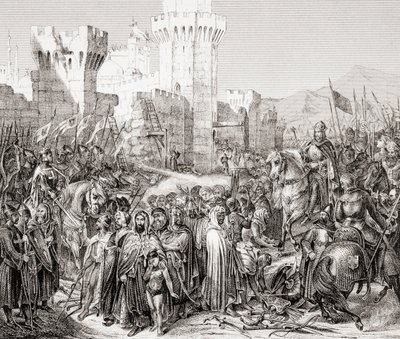 第三回十字軍遠征の際、フィリップ・アウグストと呼ばれるフランスのフィリップ2世にアクレを降伏させた場面（1860年頃、ストラスブールで出版された『L