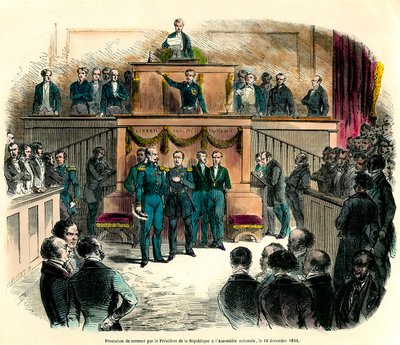 The swearing-in of Louis Napoleon III (Louis-Napoleon), who was officially proclaimed president of the Republic, at the National Assembly on 20 December 1848. He vows “to remain faithful to the one and indivisible Democratic Republic and to fulfill all the 作： French School