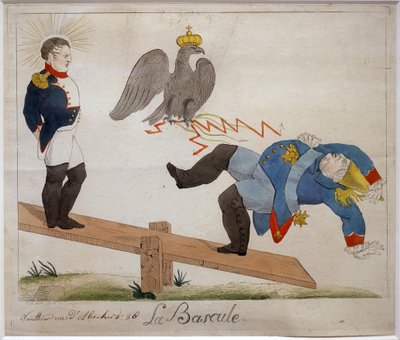 トグルです。ナポレオン・ボナパルト（1769-1821）がロッキングボードの上に立ち、鷲の冠で吹き飛ばされた敵の落下を見守る肖像画。漫画。オー・フォルテ 19世紀初頭、フランス。アンティーブのナポレオン博物館。 作： French School