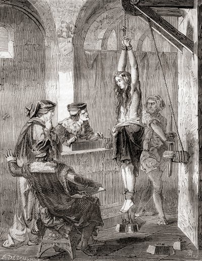 1870年頃に出版された『Les Merveilles de la Science』に掲載されている、中世に魔女とされた女性の拷問の様子（リトグラフ版 作： French School