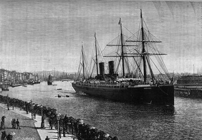1887年、ル・アーブル港に停泊中の大西洋定期船「ラ・ガスコーニュ」。雑誌 "La jeunesse "に掲載された図版 作： French School